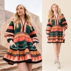 Ulla Johnson Mika Pine Seminole Patchwork Cotton Poplin Mini Dress Size 0